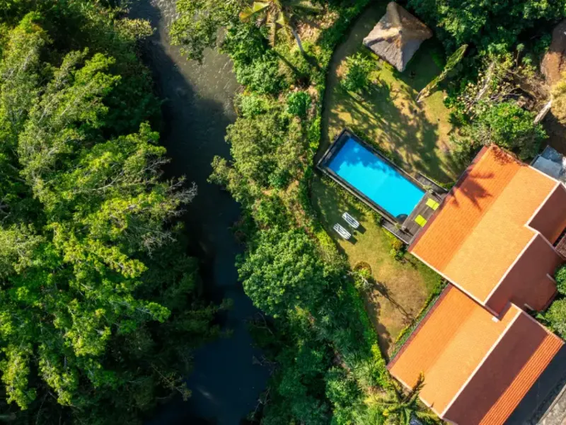 Aerial view of a river valley in Bali