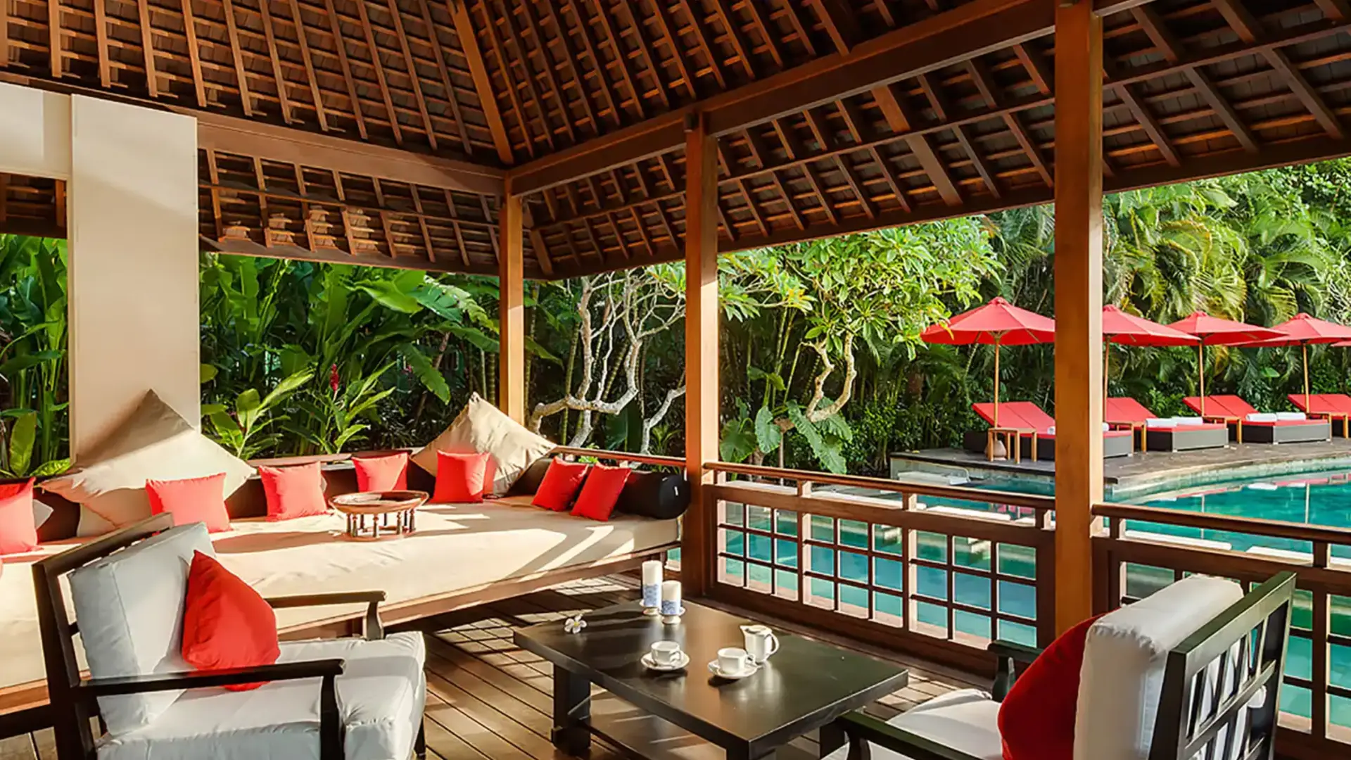 Open pavilion with timber columns in Bali