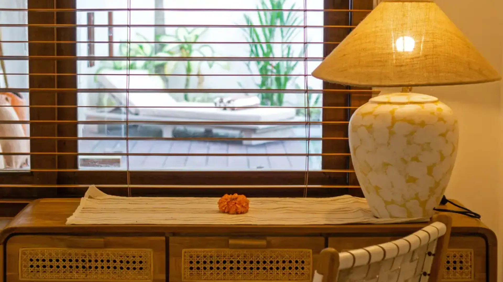Timber console with rattan detail in Bali